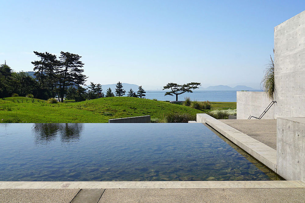 Pool of water on rooftop looking out onto greenery, trees and the sea.