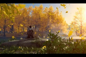 samurai character sitting in golden autumn forest with falling leaves in ghost of tsushima showcasing scenic japanese landscape and immersive gameplay visuals.