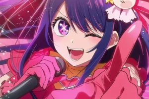 Ai Hoshino from Oshi no Ko performing on stage with a microphone representing the high energy of modern anime openings.