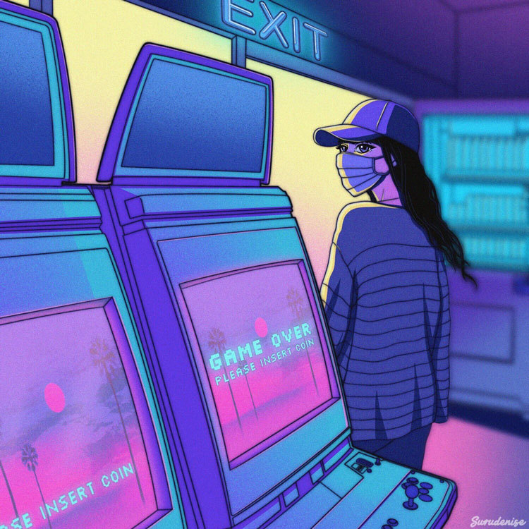 Illustration of woman wearing a mask, looking back at machines in a game arcade.