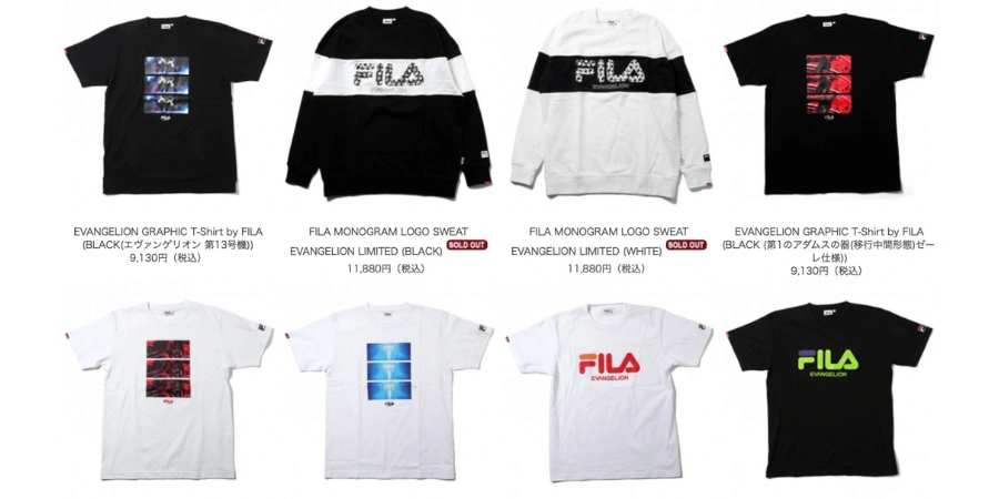 Product range of the FILA x Radio Eva Neon Genesis Evangelion collaboration