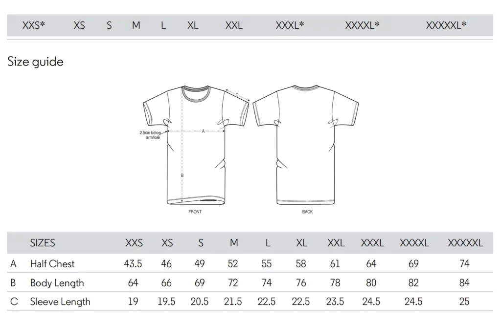 Unisex T-shirt Size Chart