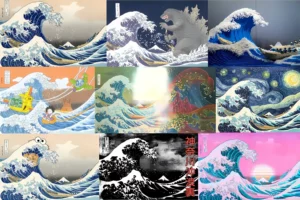 collage of great wave off kanagawa reinterpretations in modern pop culture including anime lego and artistic variations inspired by hokusai iconic japanese artwork.