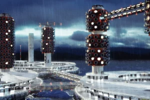 futuristic japanese metabolist architecture megastructure concept showing modular tower pods and utopian urban design inspired by kenzo tange metabolist movement.