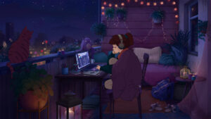 lo fi anime girl studying at night with headphones listening to lo fi hip hop music in a calm bedroom setting representing relaxation focus and mental health benefits