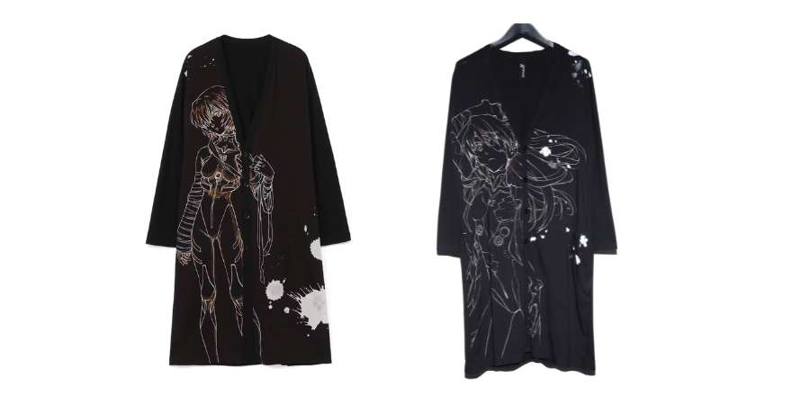 Black Yohji Yamamoto GroundY long cardigan featuring a prominent white line art illustration of Asuka Langley Soryu from the Evangelion anime series.