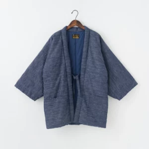 Blue Grey Hand-Twisted Thread Hanten Jacket front