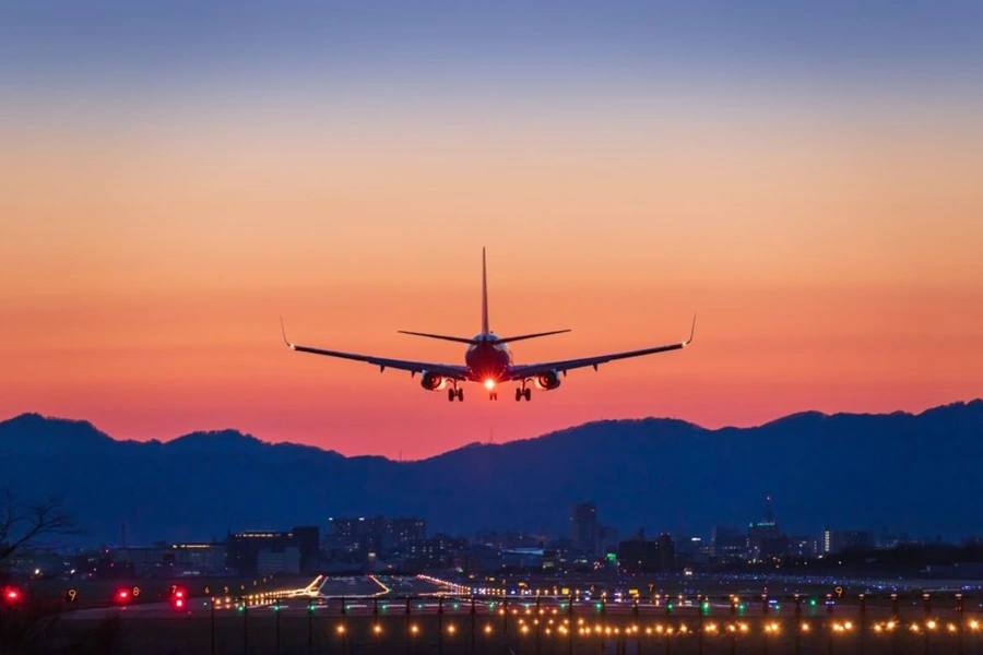 taking off in the sunset and flying to Japan