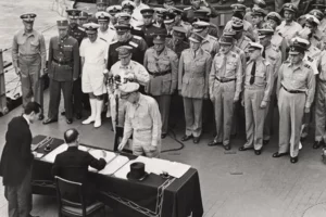 On Aug. 14, 1945, Japan’s Foreign Minister, Mamoru Shigemitsu, signed the unconditional surrender papers for Emperor Hirohito
