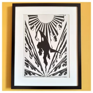 Orca Rising Sun Linocut Print - framed