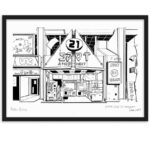 A black and white artwork showcasing Game Spot 21 arcade in Tokyo