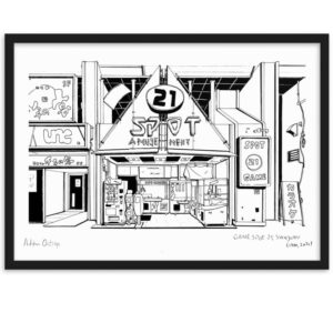 A black and white artwork showcasing Game Spot 21 arcade in Tokyo