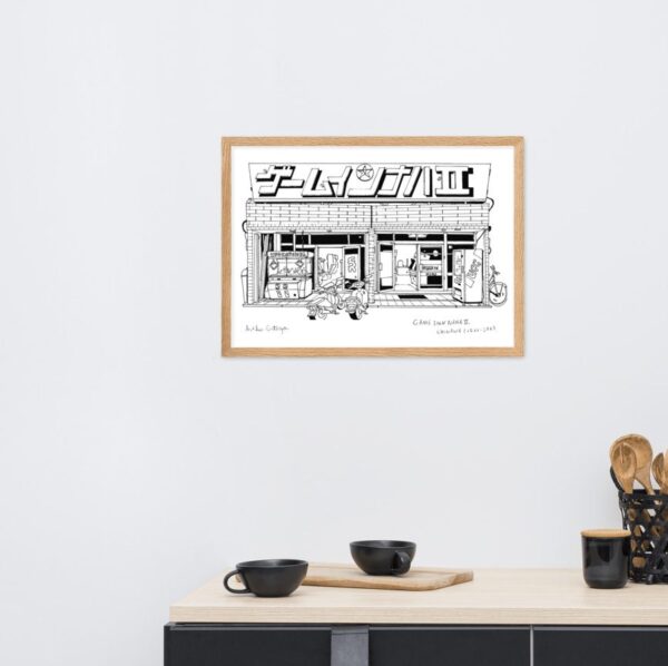 A black and white artwork showcasing Game Inn Naha II arcade in Okinawa