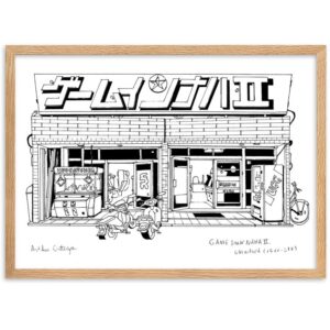 A black and white artwork showcasing Game Inn Naha II arcade in Okinawa