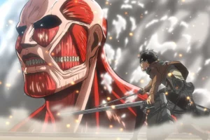 Action scene from Attack on Titan anime showing Eren fighting a giant titan using maneuver gear highlighting the intense battles from the popular anime series.