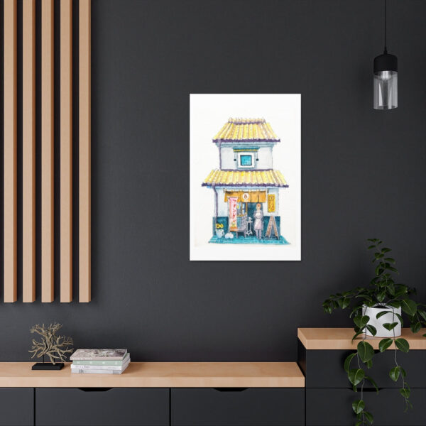 Shop Owner Watercolor painting, depicting a woman standing in front of a shop, displayed in a living room wall