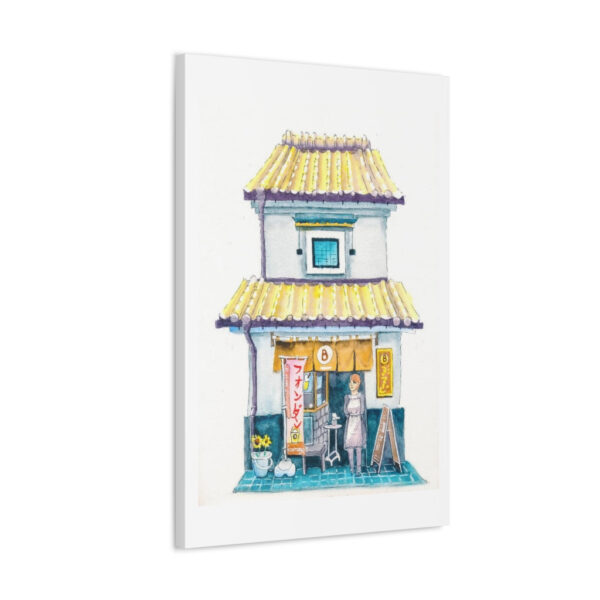 Slanted view of the Shop Owner Watercolor painting, depicting a woman standing in front of a shop