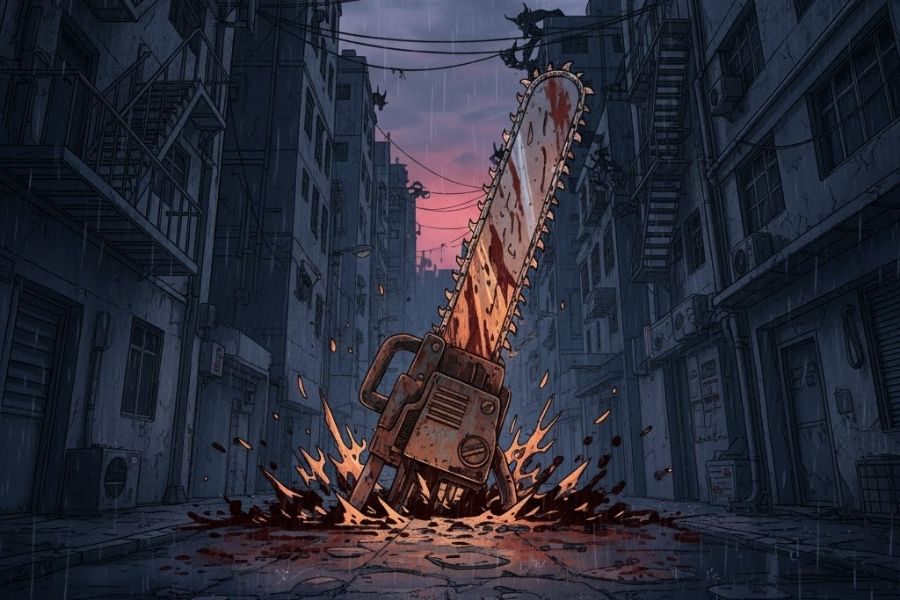 bloody chainsaw weapon embedded in street in dark anime city alley representing chainsaw man themes of violence chaos devils denji transformation and intense action.