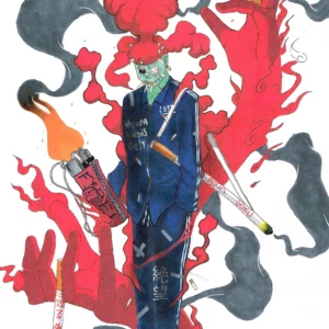 A print of an anime guy holding a huge lighter and cigarette, while the red smoke at his back resembles hand holding cigarettes