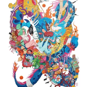 Poster of an anime girl holding a bottle of beer while reclining at the back of a colorful dragon. Various anime items and Japanese symbols are attached to the dragon's body.