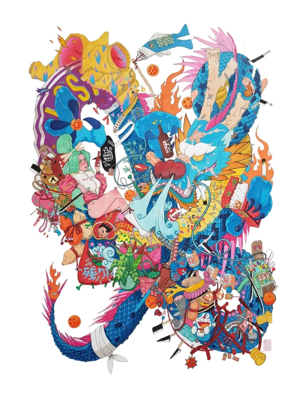 Poster of an anime girl holding a bottle of beer while reclining at the back of a colorful dragon. Various anime items and Japanese symbols are attached to the dragon's body.