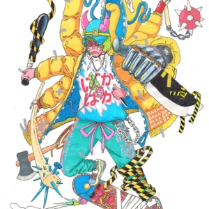 Anime guy wearing a large yellow jacket with a yellow monster behind while skateboarding