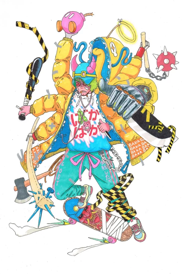 Anime guy wearing a large yellow jacket with a yellow monster behind while skateboarding