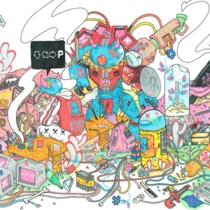 Vibrant and colorful print of an anime guy surrounded by a robot, junk, screens, wires, and weapons