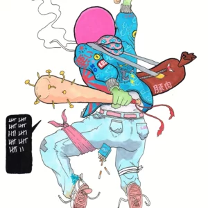 Poster of an anime guy wearing vibrant colors, holding nail bats on both hands