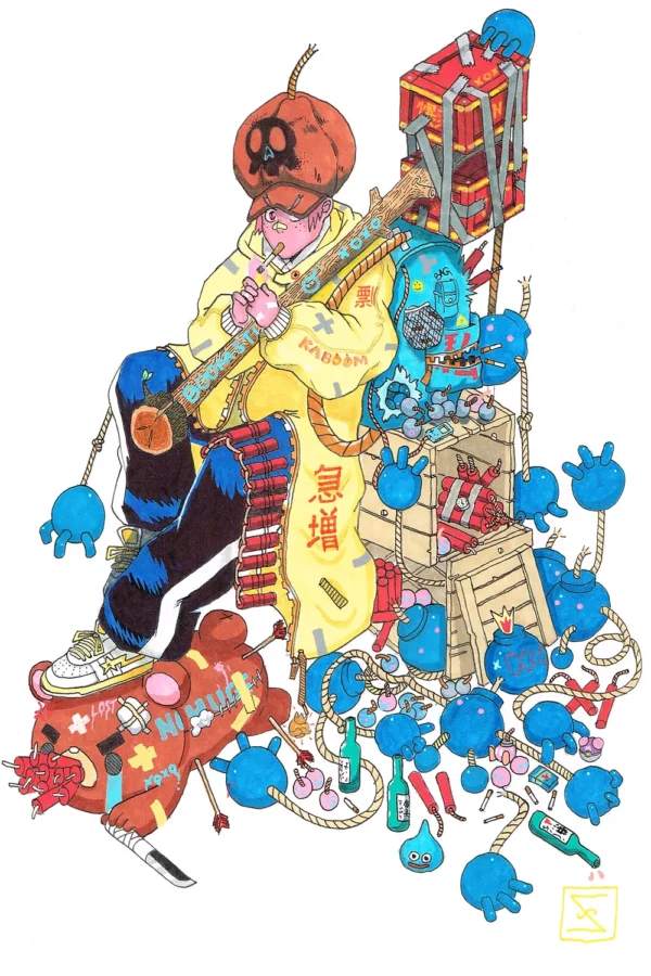 Art print of an Anime guy smoking while being surrounded by explosives