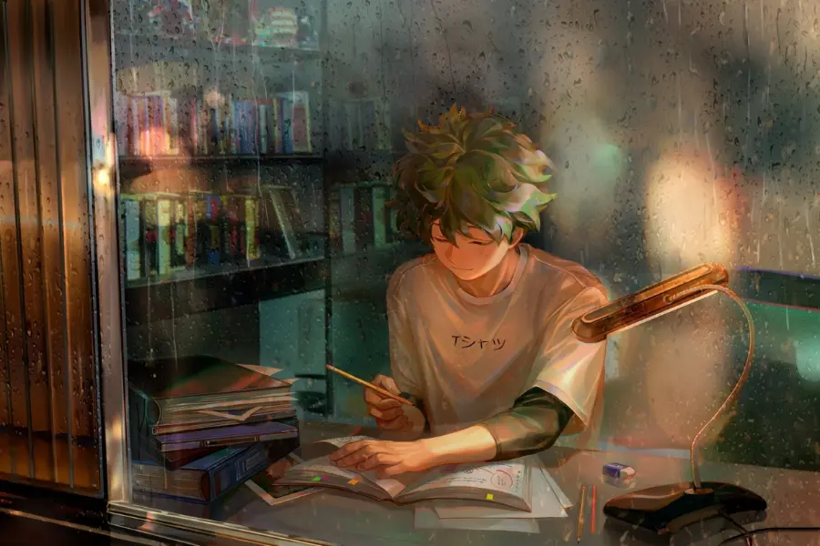 Deku studying in anime style