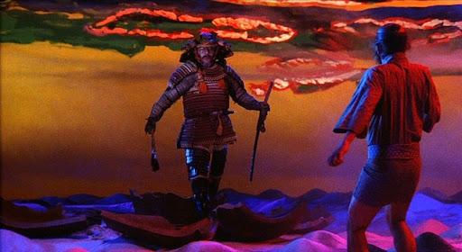 The stylised dream sequence in Kagemusha, showing a samurai in a painted landscape of saturated colour.