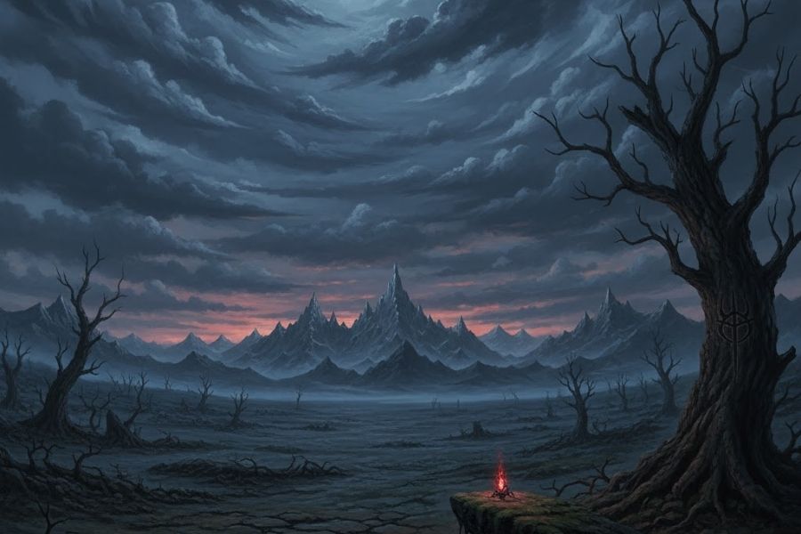 dark fantasy barren landscape with twisted trees distant mountains and glowing sword reflecting berserk themes of despair tragedy struggle and brutal world atmosphere.
