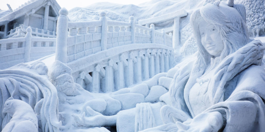 Snow sculpture of a women in a castle showcased at the Sapporo Snow Festival