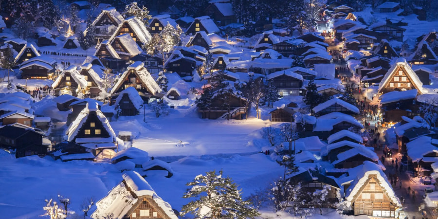 Snow-capped huts at shirakawa-go in winter