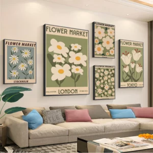 Living room showcasing various flower market artworks