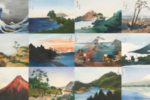 collection of mount fuji landscape paintings showcasing japanese art styles including suiboku sansuiga and shinkeizu with evolving realistic scenery and nature themes.