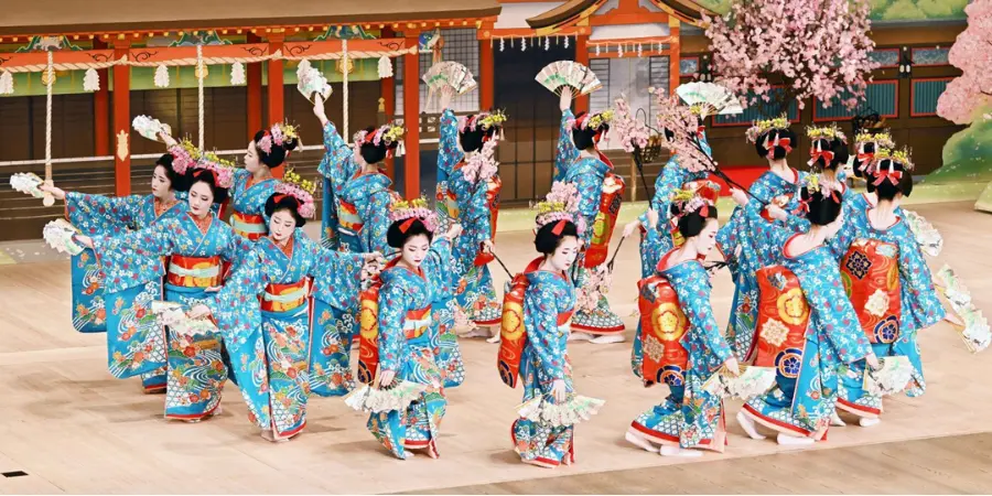 traditional dance show features Kyoto’s geiko and maiko at Miyako Odori in April in Kyoto, Japan.