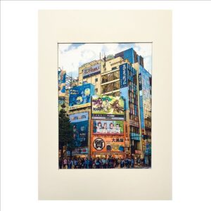 Washi print poster of Akibahara District showing tall buildings plastered with billboards showing Anime ads