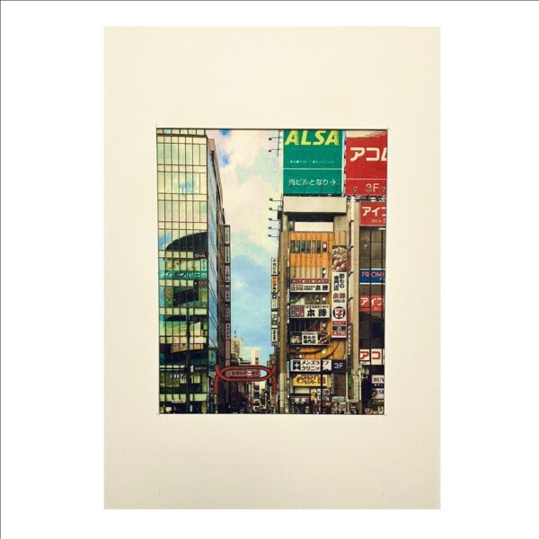 Washi print of Tokyo's Kabukicho District, shwoing tall buildings reflecting the sunlight