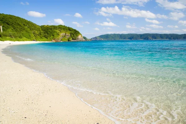 White sand and turquoise water at Furuzamami Beach on Zamami Island in Okinawa’s Kerama Islands