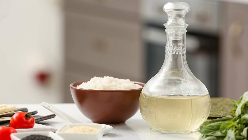 A bottle of vinegar beside a bowl of rice A bottle of vinegar beside a bowl of rice
