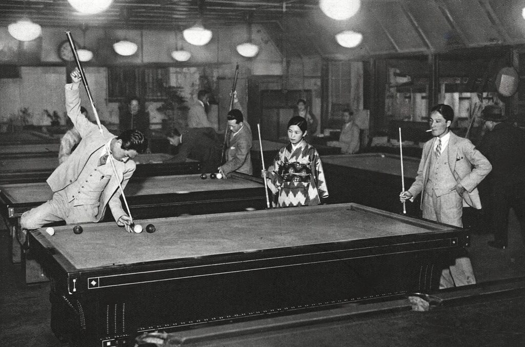 Three Young Japanese People Play Billiards, 1932 Snooker in Japan
