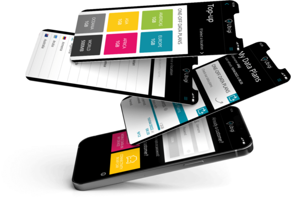 Ubigi app screens showing data plan tiles and the top up menu on floating smartphones