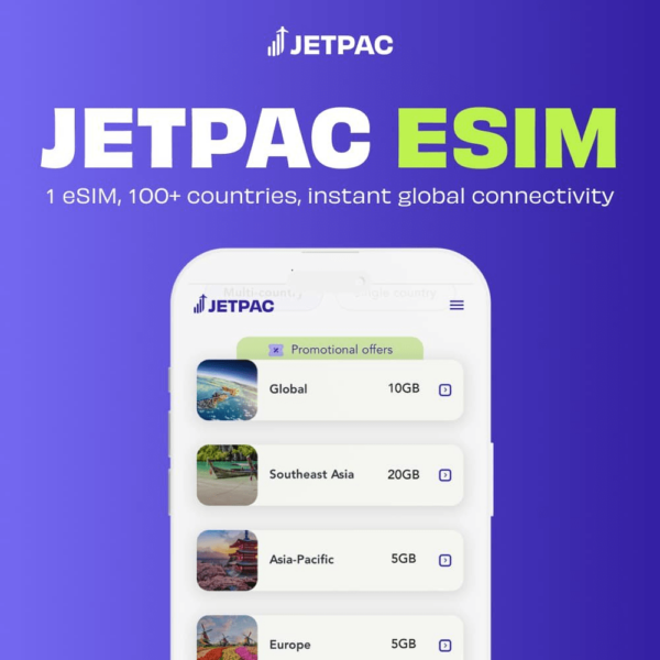 Jetpac eSIM promotional graphic showing the app with regional data plans and global coverage