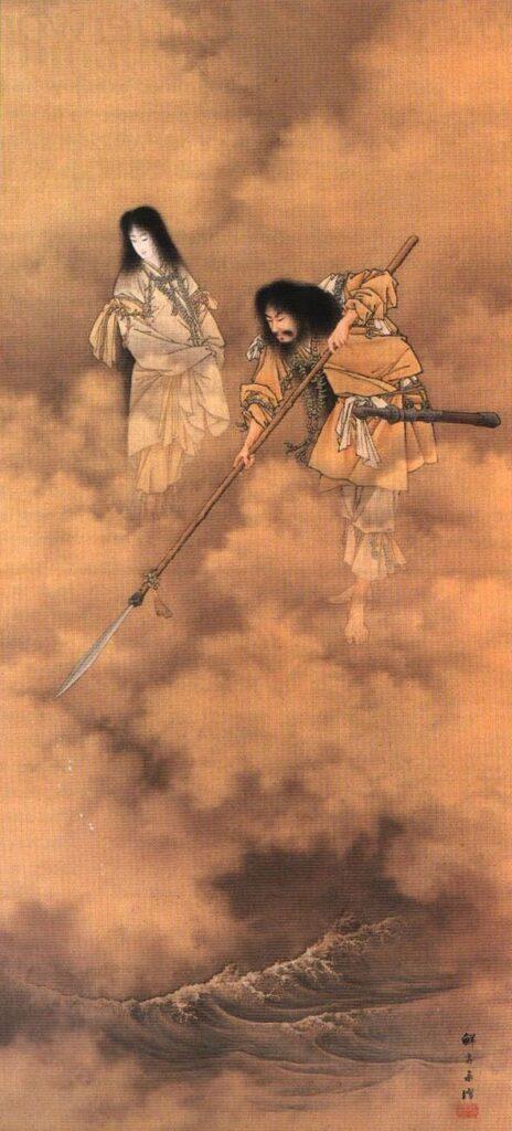 image (2) Searching the Seas with the Tenkei (天瓊を以て滄海を探るの図, Tenkei o motte sōkai o saguru no zu). Painting by Kobayashi Eitaku. Izanagi with the spear Amenonuhoko to the right, Izanami to the left.