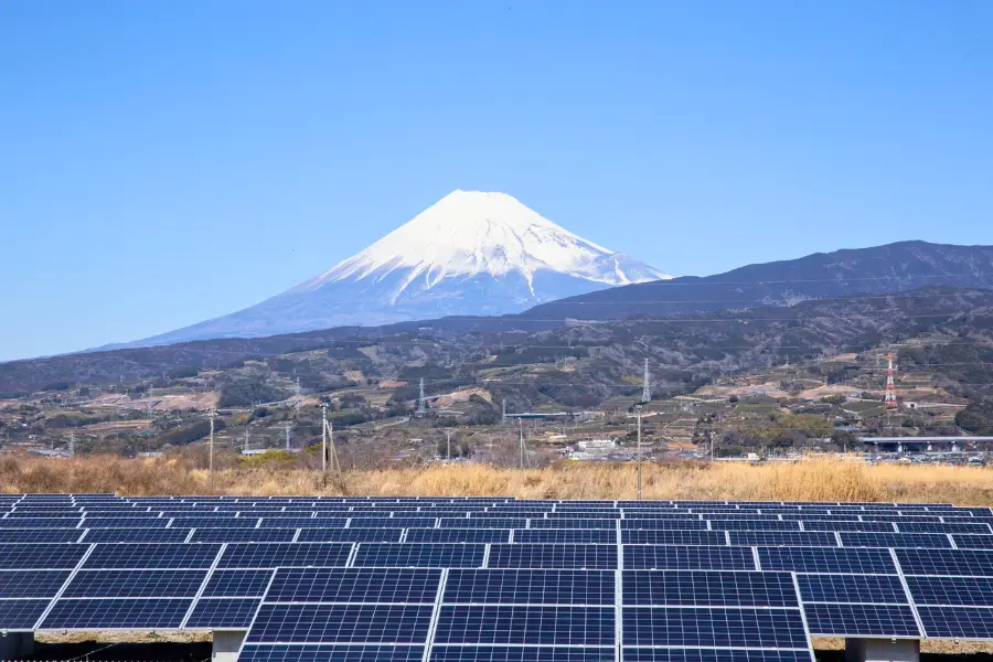 Solar panels and a view of Mt. Fuji