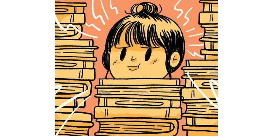 Girl with a stack of books