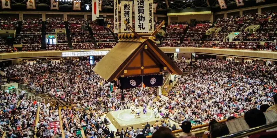 Grand Sumo tournament in a traditional Sumo arena in Tokyo