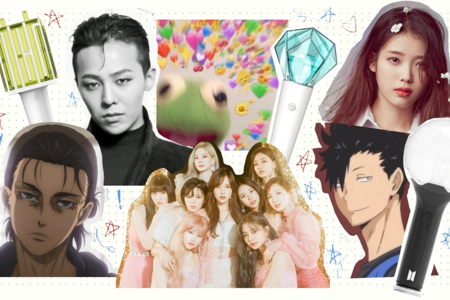 Kpop artists, light sticks and anime characters